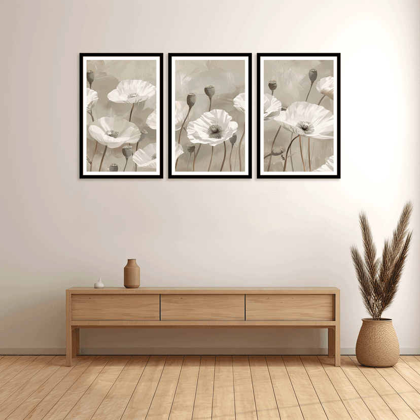 SET OF 3 WHITE POPPY FLOWERS WALLART 48in X 24in WITH BLACK FRAME