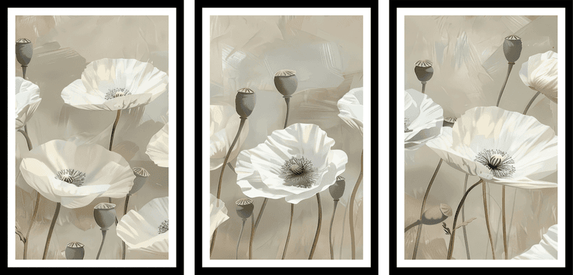 SET OF 3 WHITE POPPY FLOWERS WALLART 48in X 24in WITH BLACK FRAME view 2