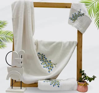 Mrijaa Luxury Embroidered Bath Towel Set, Bamboo, Hypoallergenic, Quick Absorption, Floral Cascade, Eco Choice (Bath Towel-70/150 CM) (Hand Towel-40/60 CM) (Face Towel-30/30 CM)