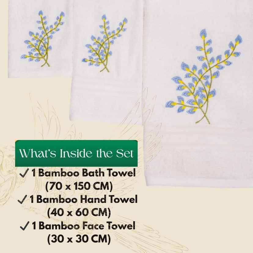 Mrijaa Luxury Embroidered Bath Towel Set, Bamboo, Hypoallergenic, Quick Absorption, Floral Cascade, Eco Choice (Bath Towel-70/150 CM) (Hand Towel-40/60 CM) (Face Towel-30/30 CM) view 4