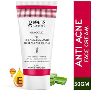 Globus Naturals Glycolic 1 Salicylic Acid Herbal Anti Acne Face Cream Enriched with Aloe Vera Vitamin E Reduces Dark spots Hyperpigmentation 50gm
