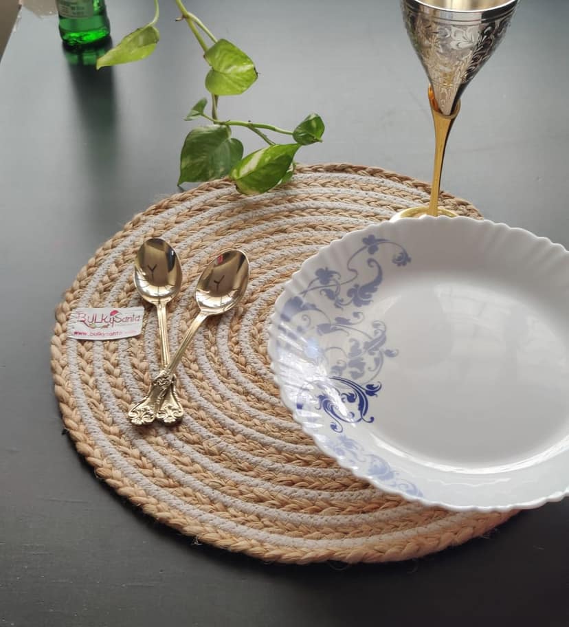 Round table mats cotton placemats (pack of 1) | Dining table mats 14", Heat Resistant, Reversible Use (Cotton Jute) by Bulky Santa view 2