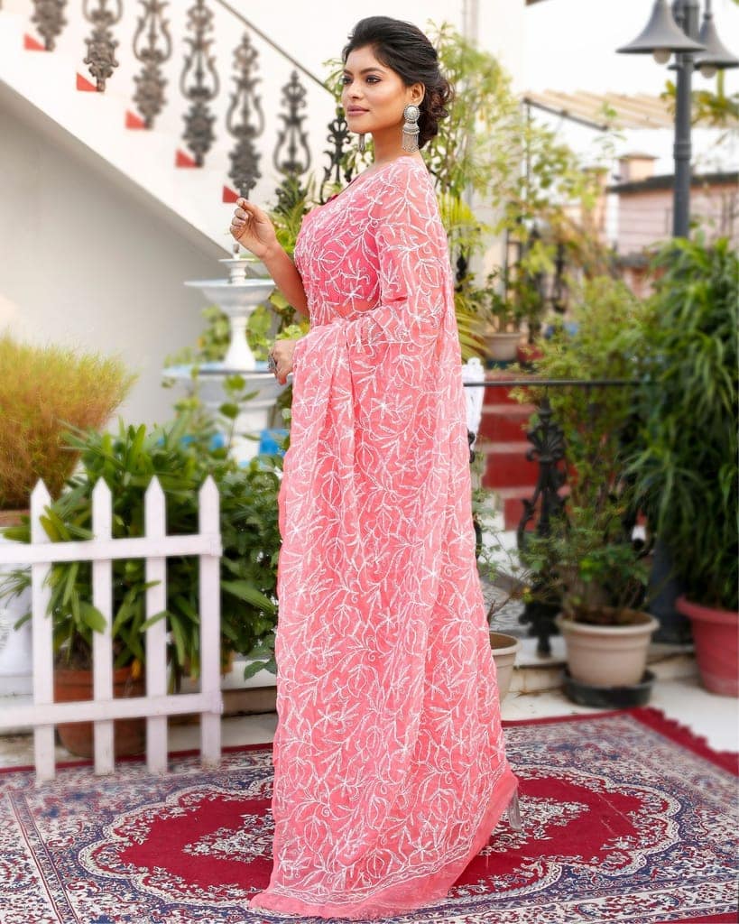 Georgette Handcrafted Saree Candy Pink Color Tepchi work with Running Blouse-8611 view 2