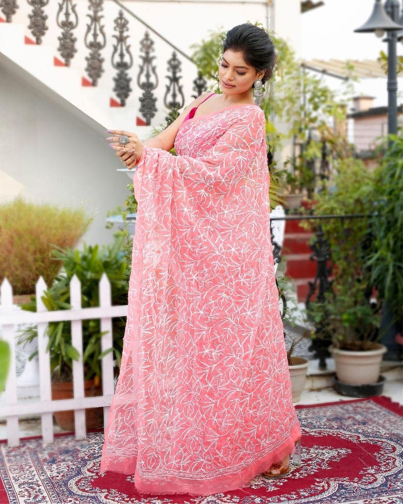 Georgette Handcrafted Saree Candy Pink Color Tepchi work with Running Blouse-8611 view 3