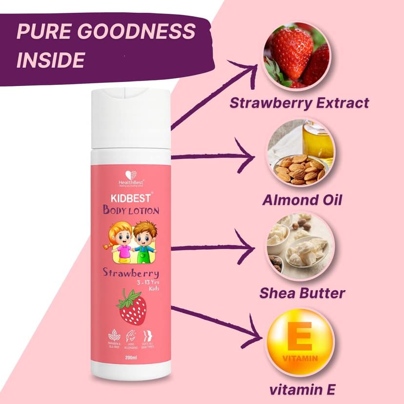 HealthBest Kids Strawberry Body Lotion Daily School Moisturizer for Summer Winter Care with Almond Oil - 200ml view 4