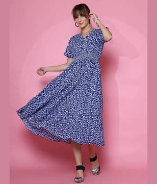 Sheetal associates Women Crepe Printed Fit & Flare Dress ( Blue )