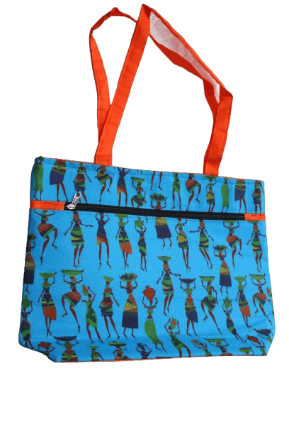 Vibrant Blue Cotton Tote Bag with Ethnic Print & Zipper Closure