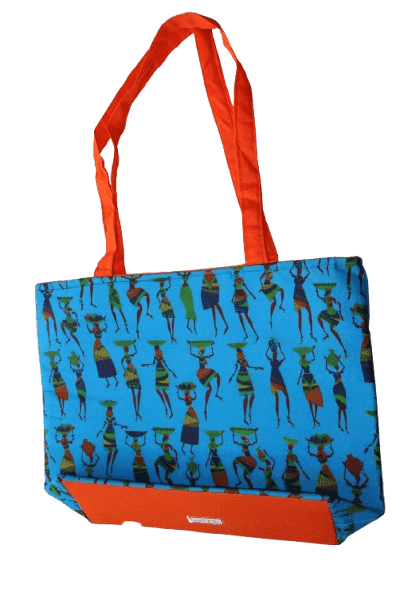Vibrant Blue Cotton Tote Bag with Ethnic Print & Zipper Closure view 2