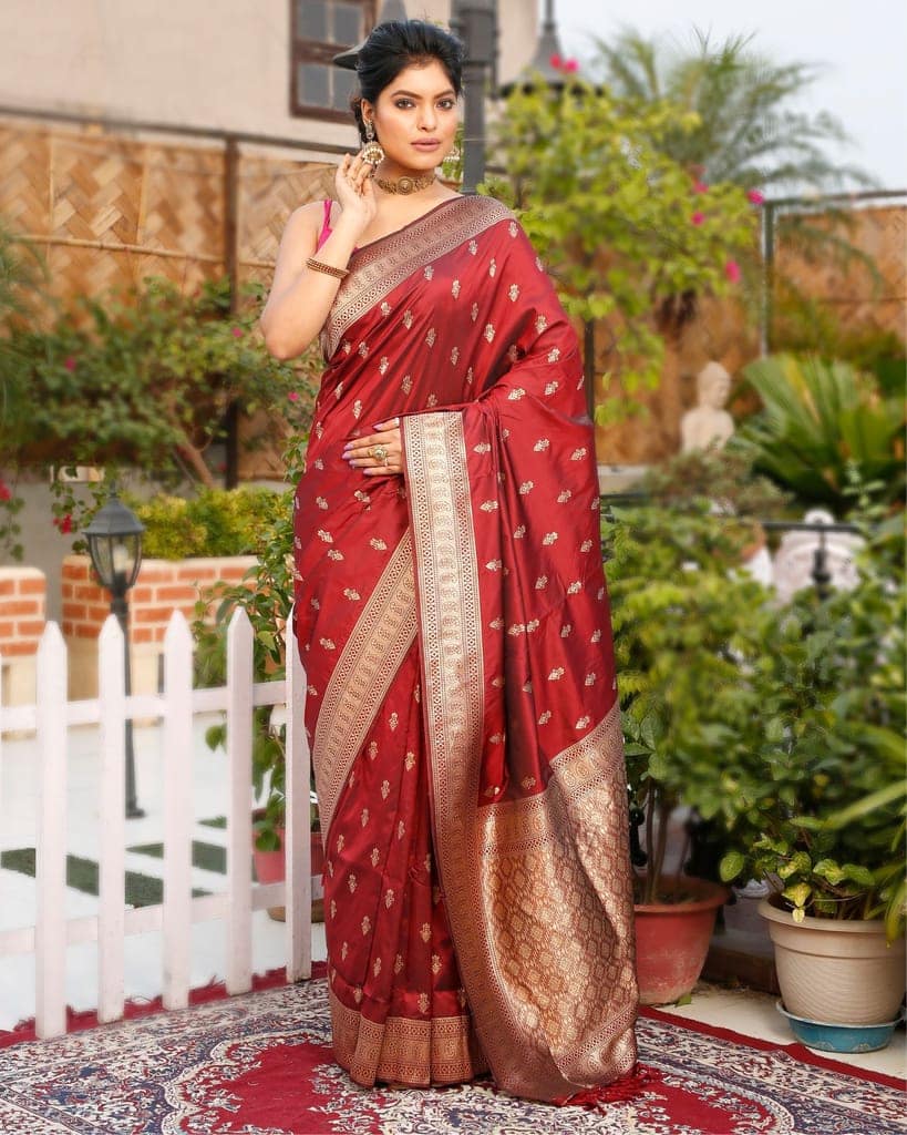 Banarasi Silk Saree Maroon Color with allover buti and blouse-4457 view 2
