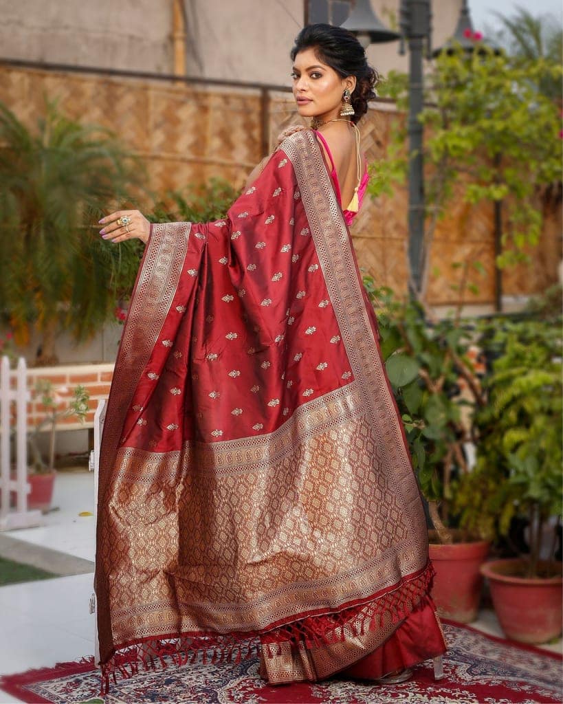 Banarasi Silk Saree Maroon Color with allover buti and blouse-4457 view 4