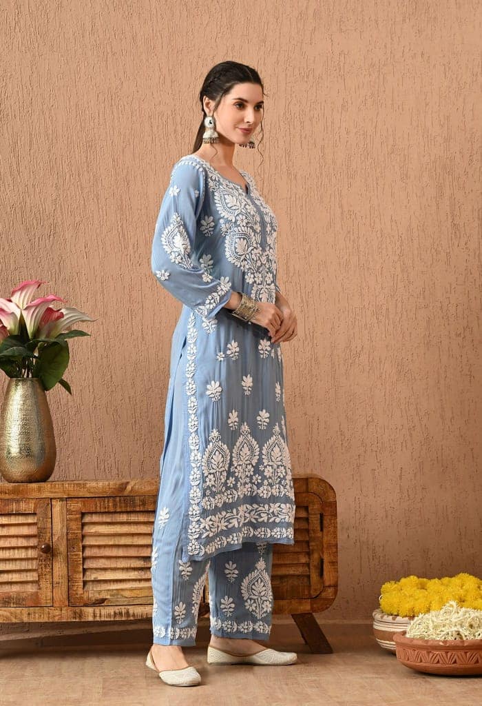 Chikankari (3D) Work on Modal Fabric-Powder Blue view 3