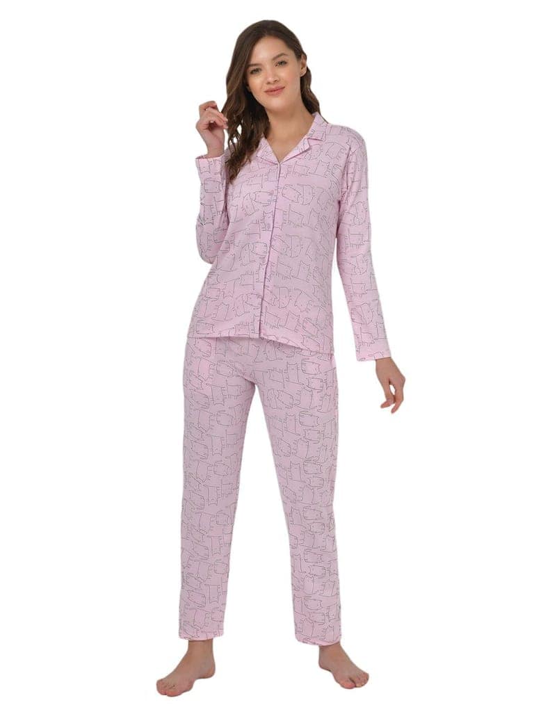 Klamotten Women's Baby Pink Allover Printed Top Pyjama Set N55Rb