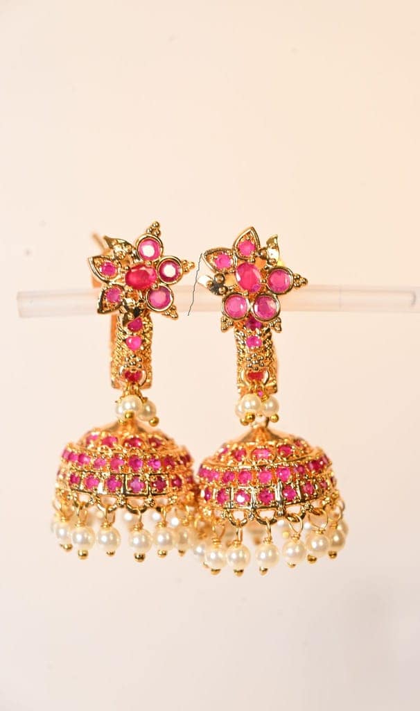 14KT Gold Plated Ruby and Pearl Jhumka Earrings