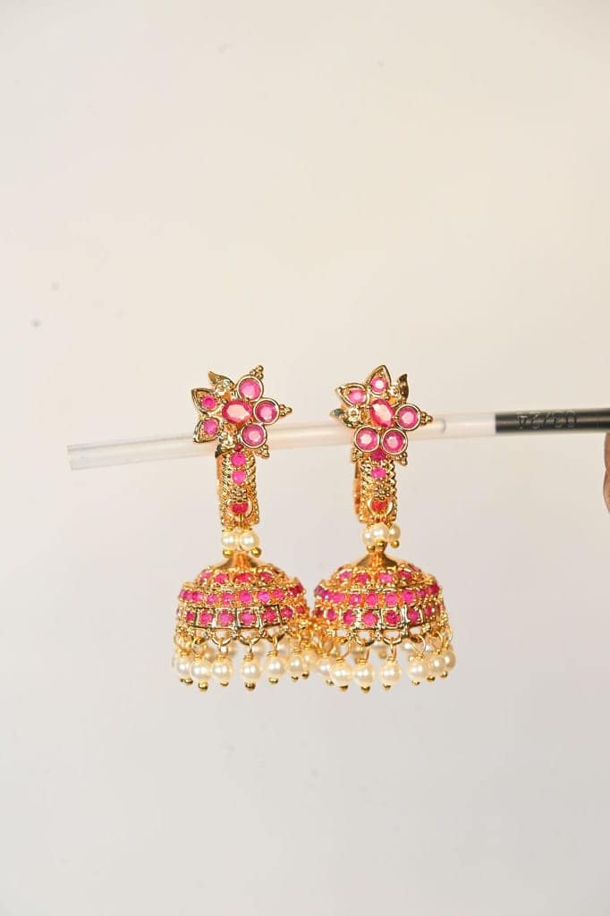 14KT Gold Plated Ruby and Pearl Jhumka Earrings view 2