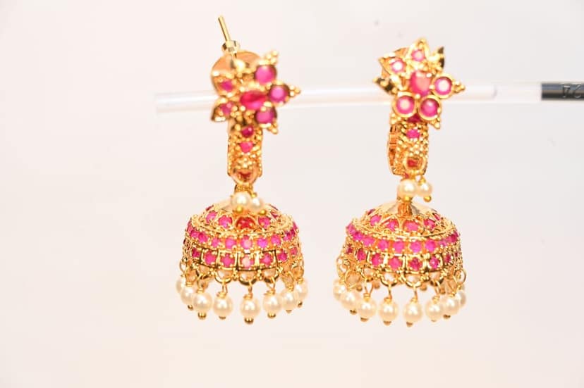 14KT Gold Plated Ruby and Pearl Jhumka Earrings view 3