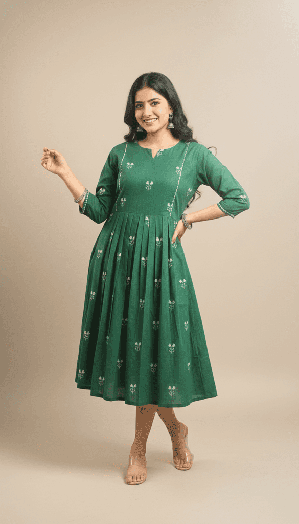 Cotton Printed Long Dress for Women | Anarkali Style | 3/4th Sleeve | Casual & Festive Wear view 2