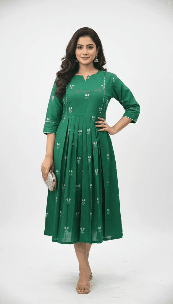 Cotton Printed Long Dress for Women | Anarkali Style | 3/4th Sleeve | Casual & Festive Wear view 3