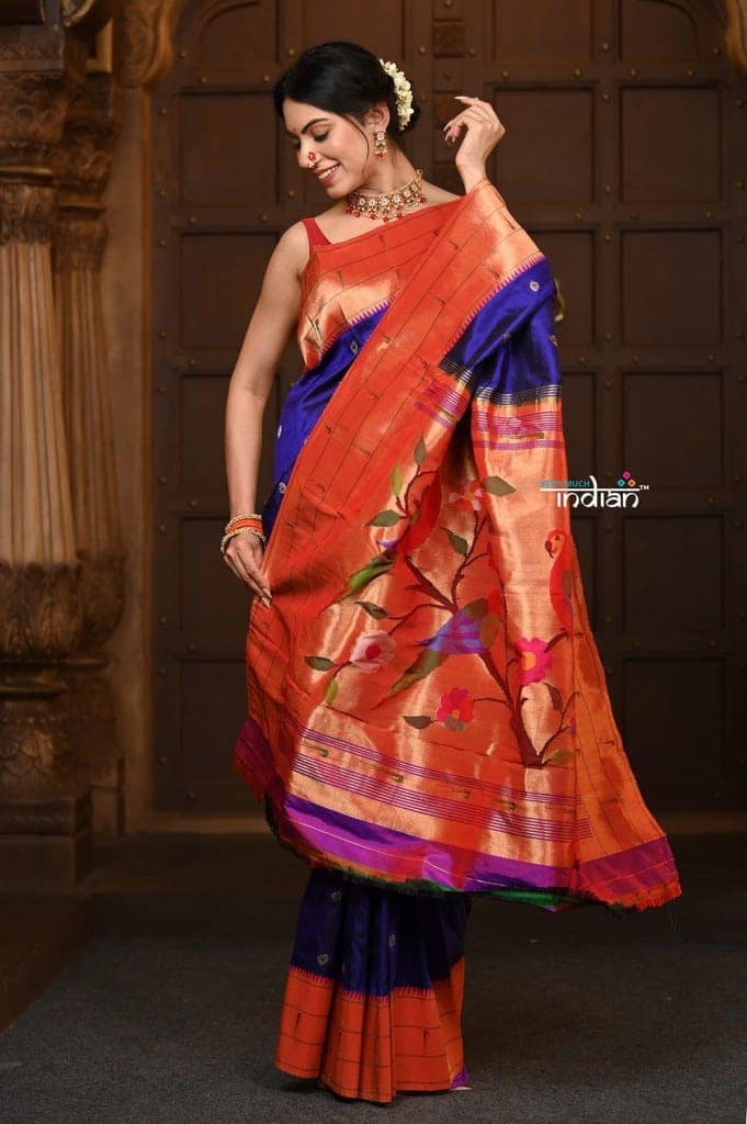 Paramapara ~ Premium! Handloom Pure Silk Triple Muniya Border with Parrot Pallu in Royal Blue view 3