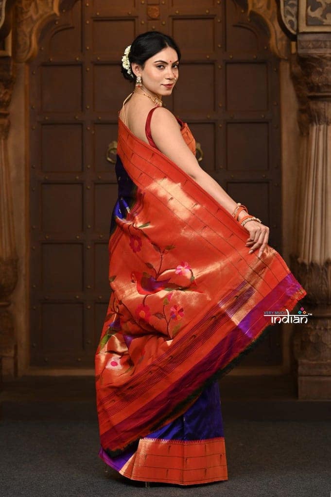 Paramapara ~ Premium! Handloom Pure Silk Triple Muniya Border with Parrot Pallu in Royal Blue view 4