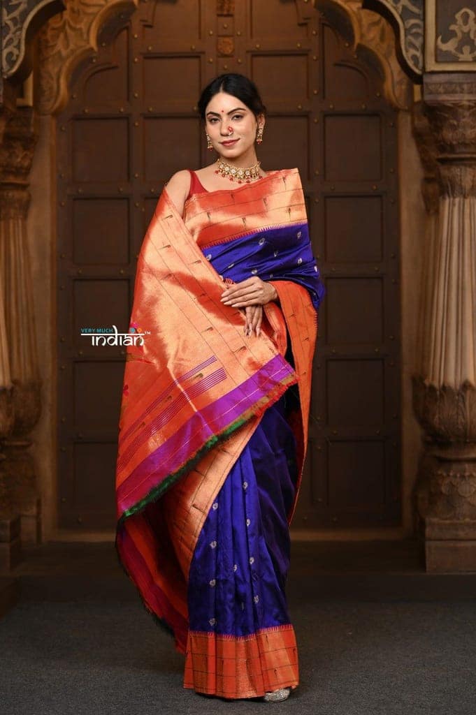 Paramapara ~ Premium! Handloom Pure Silk Triple Muniya Border with Parrot Pallu in Royal Blue view 5