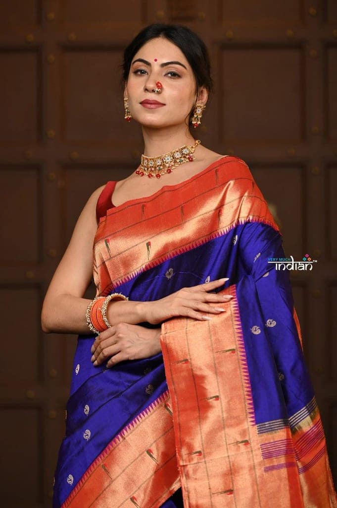 Paramapara ~ Premium! Handloom Pure Silk Triple Muniya Border with Parrot Pallu in Royal Blue view 6