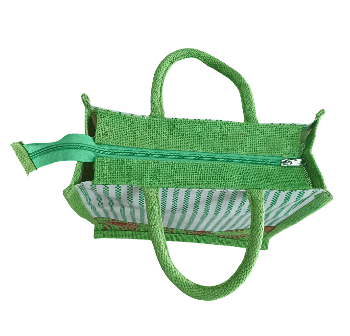 Eco-Friendly Jute Tote Bag with Green Stripe & Spiral Design view 3