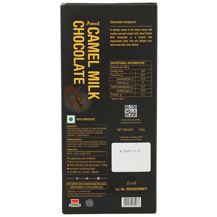 Amul Camel Milk Chocolate - Unique Treat Of Cocoa And Camel Milk, 150 G view 2