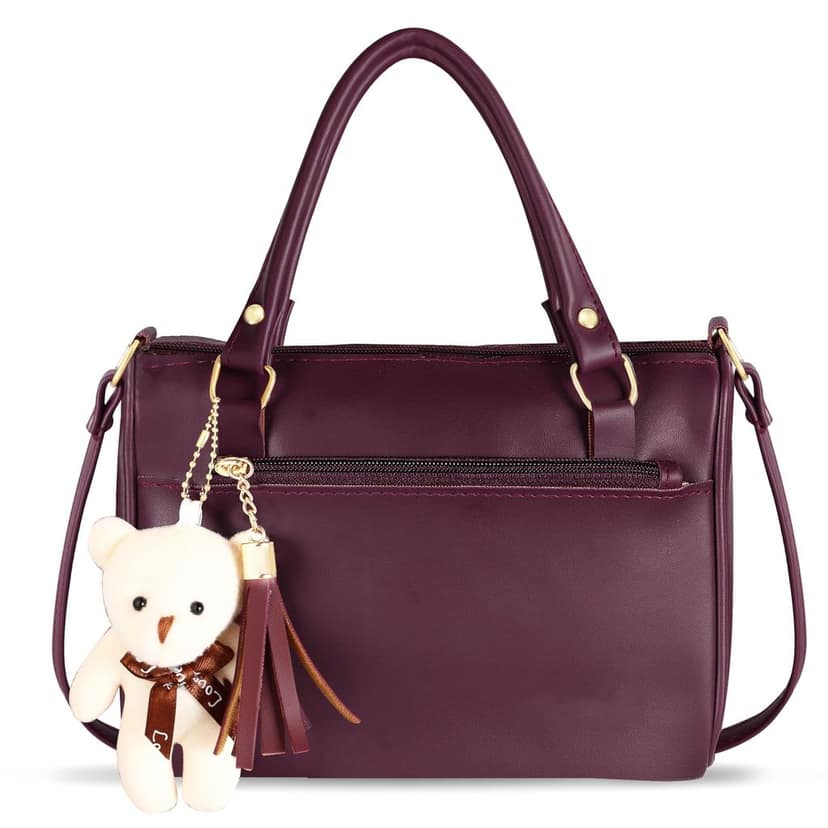 Purple Luxurious Faux Leather Handbag With Teddy Bear For Women And Girls HB18