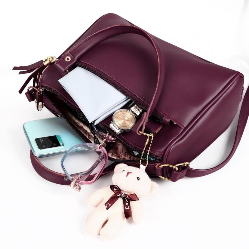 Purple Luxurious Faux Leather Handbag With Teddy Bear For Women And Girls HB18 view 4