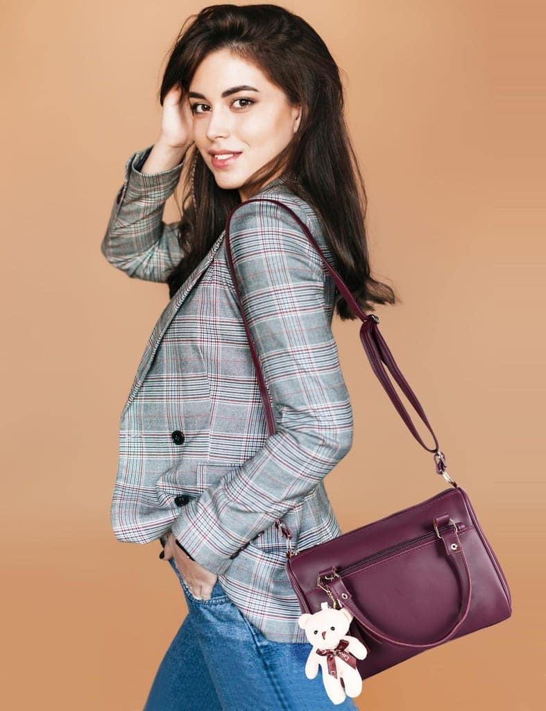 Purple Luxurious Faux Leather Handbag With Teddy Bear For Women And Girls HB18 view 6