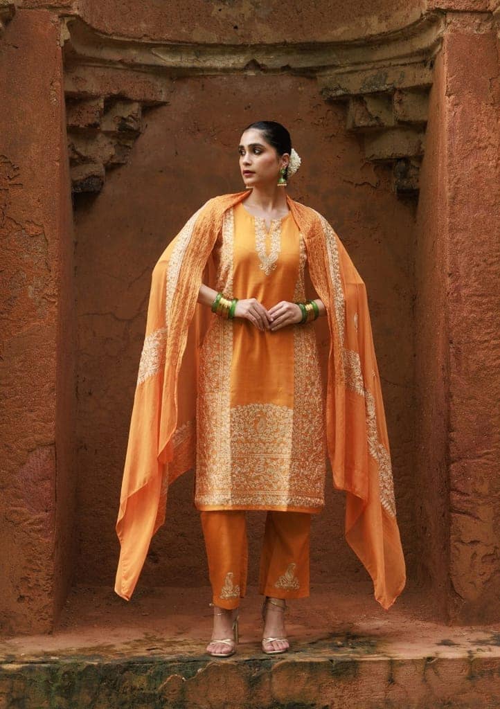 HOC Crafts Cotton Aari Embroidered Solid Women's 3 PC Long Kurta Set - Mustard