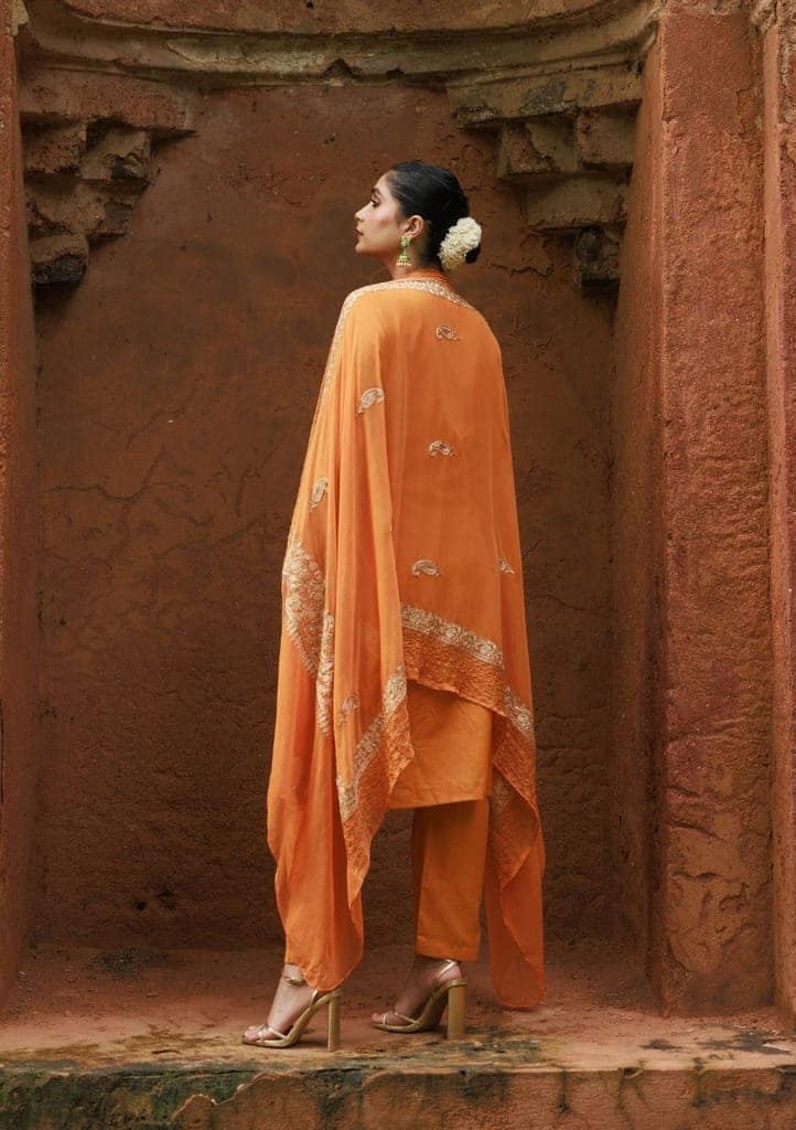 HOC Crafts Cotton Aari Embroidered Solid Women's 3 PC Long Kurta Set - Mustard view 4