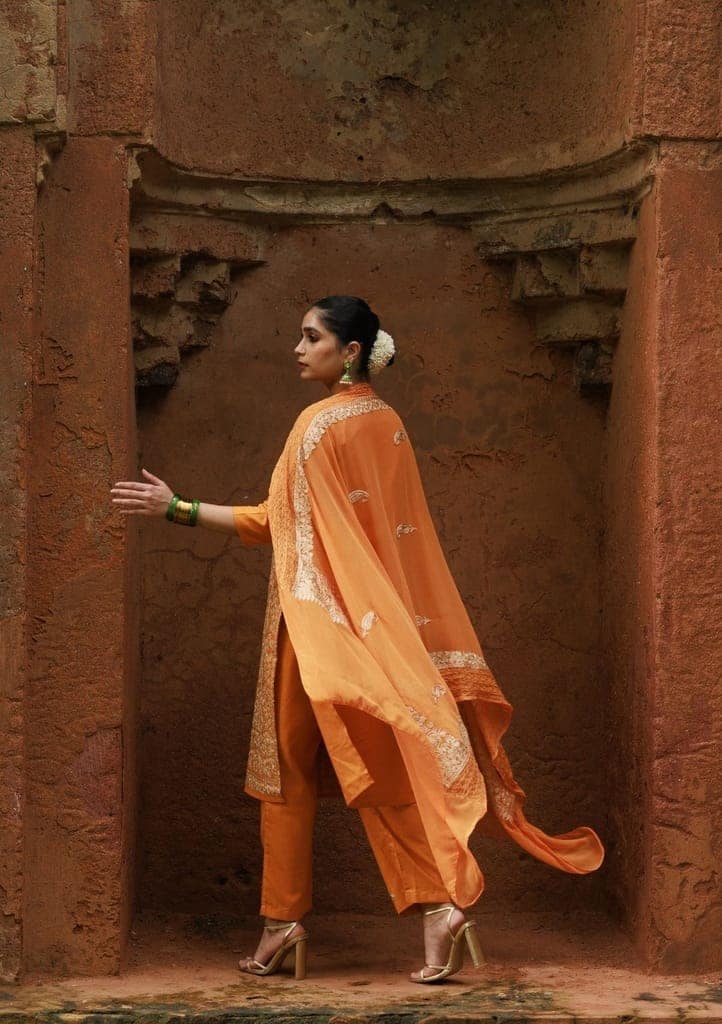 HOC Crafts Cotton Aari Embroidered Solid Women's 3 PC Long Kurta Set - Mustard view 5