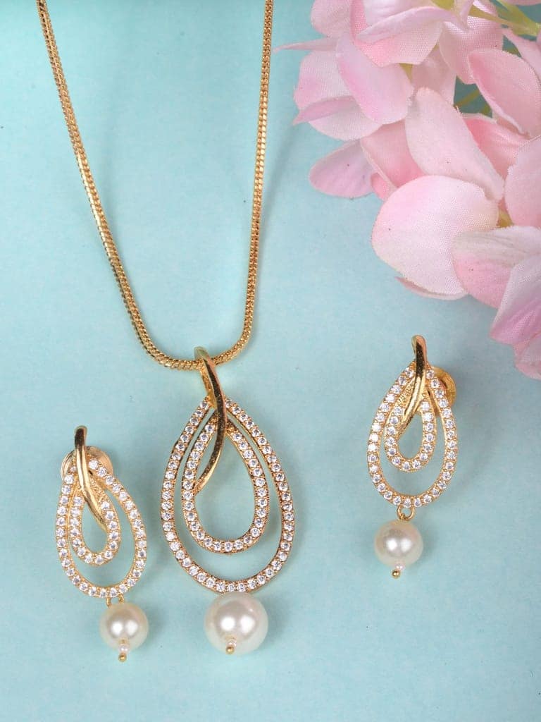 Gold Toned Pearl Studded Minimal Locket Jewellery Set view 3