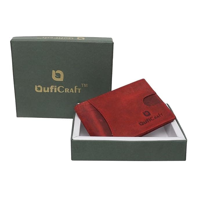 QufiCraft Genuine Leather Two Fold Wallet | Credit/Debit Card/Slim Minimalist | Office ID for Mens and Boys (5 Card Slots) (Red) view 4