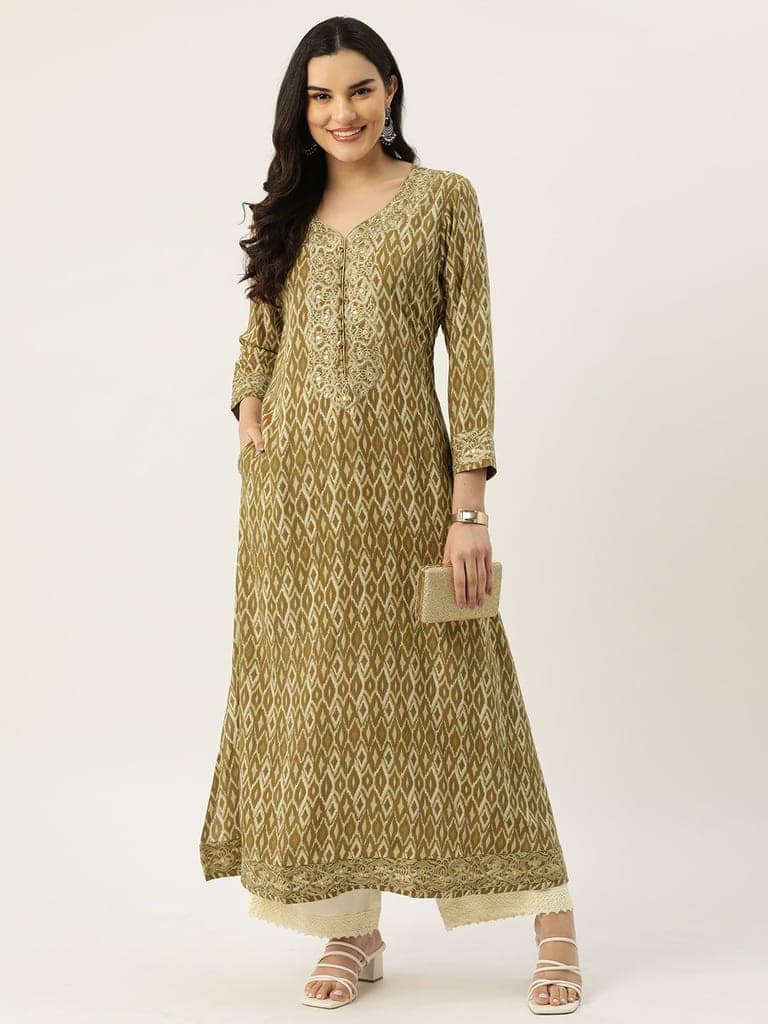 Women Ikat Print Thread Work Indie Prints Anarkali Kurta view 4