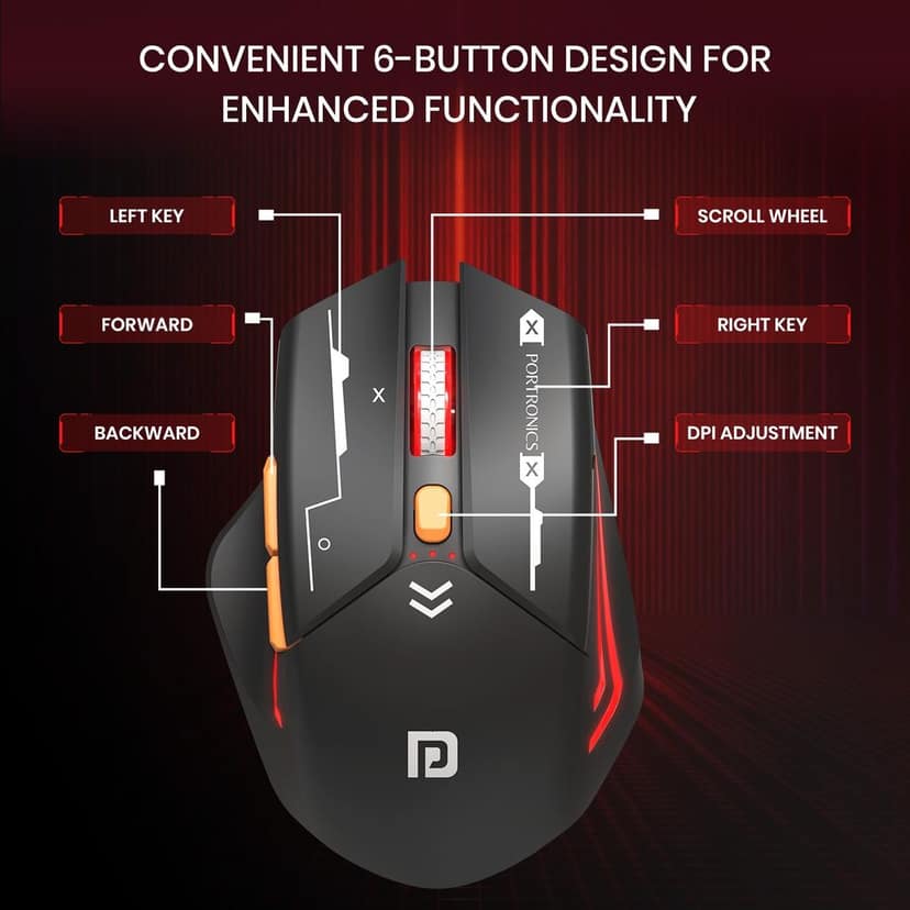 Portronics Vader Max Wireless Rechargeable Mouse, Thumb Support, Bluetooth 5.3 & 2.4 GHz Dual Mode, 6-Button Control, Adjustable DPI Up to 2400,Universal Compatibility for Laptop,Desktop,Gaming(Black) view 2