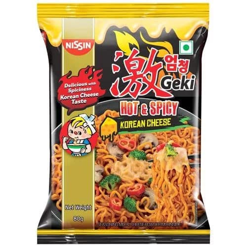 Nissin Geki Cheese - Hot & Spicy, Korean Veg Noodles Cheese Flavour, 80 gm