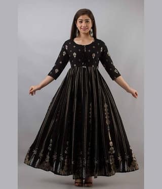 AVEITH Women Rayon Printed Anarkali Kurti ( Black )