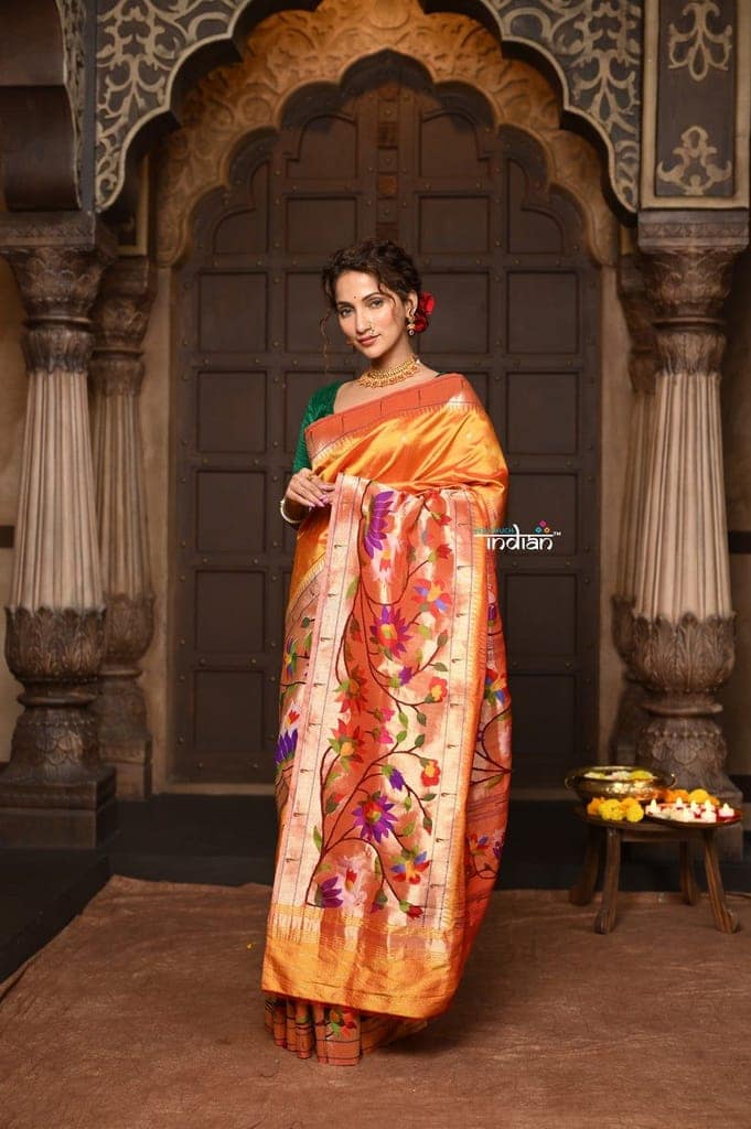 Parampara ~ Premium! Handloom Pure Silk Half Over Paithani with Swan & Floral Weave in Bestselling Sunset Yellow view 2