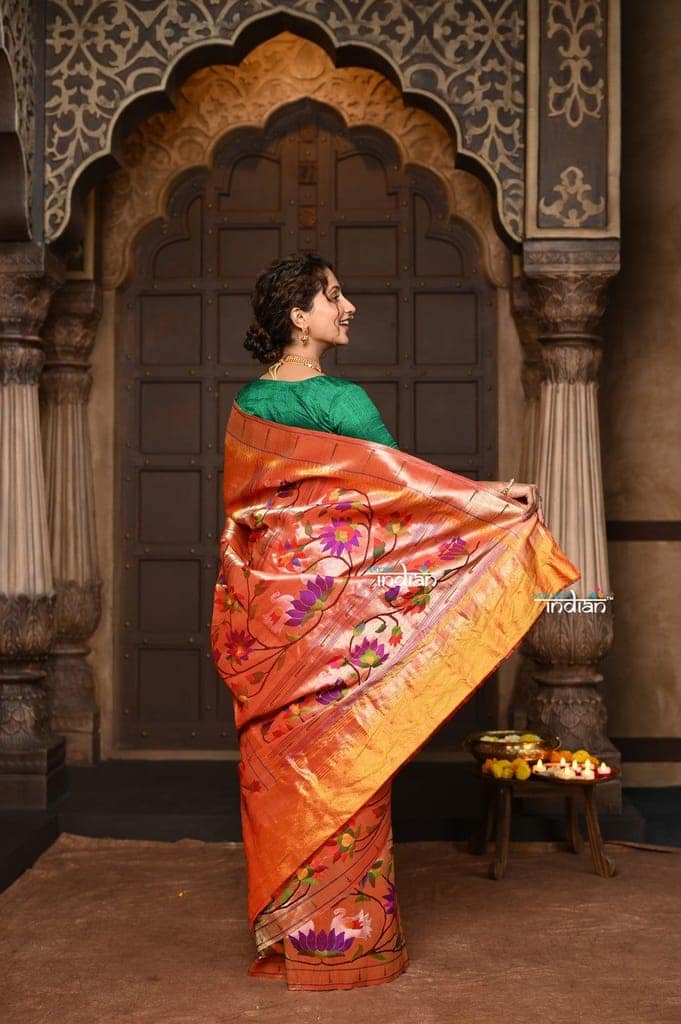 Parampara ~ Premium! Handloom Pure Silk Half Over Paithani with Swan & Floral Weave in Bestselling Sunset Yellow view 3
