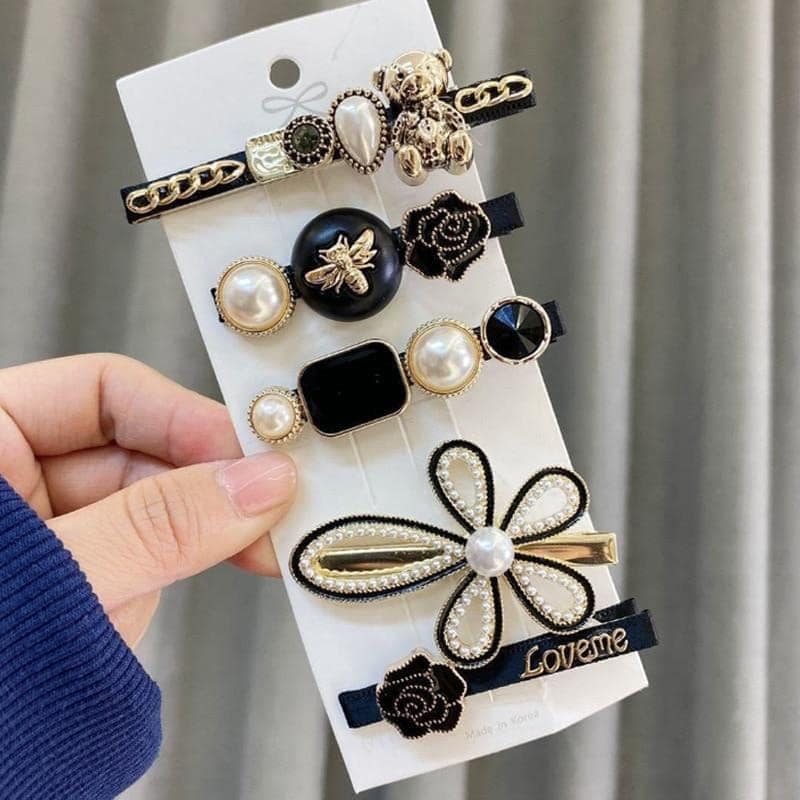 Akashkrishna 5 Piece Korean Style Pearl Metal Hair clips, Plastic Pearl Barrettes Hairpin for Women & Girls(Black) view 5