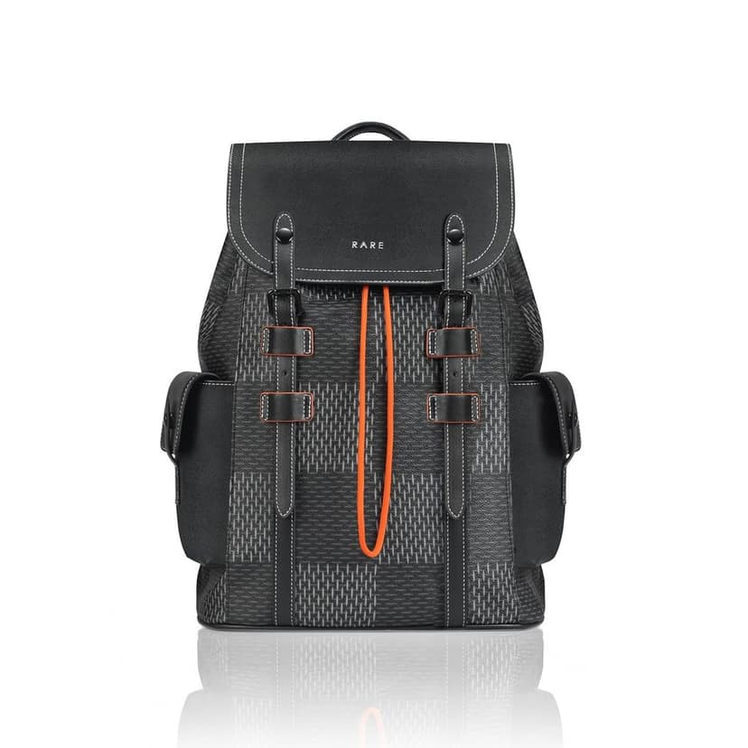 RARE RABBIT AUTUN Structured Vegan Leather Backpack, 3D Checkered Flag Print, 13.35L (Black)