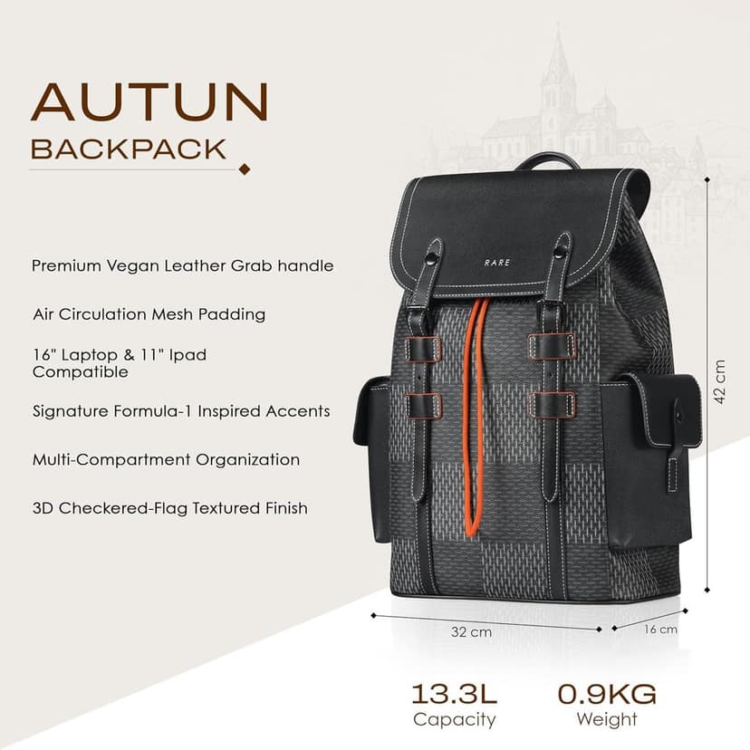 RARE RABBIT AUTUN Structured Vegan Leather Backpack, 3D Checkered Flag Print, 13.35L (Black) view 2
