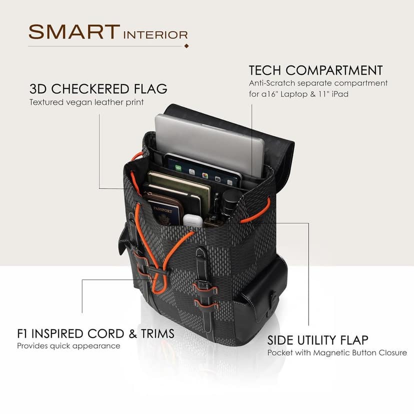 RARE RABBIT AUTUN Structured Vegan Leather Backpack, 3D Checkered Flag Print, 13.35L (Black) view 3