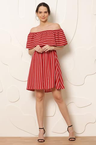 Women Red & White Striped Off-Shoulder A-Line Dress