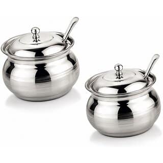 Stainless Steel Ghee Pot, Oil Container with Lid and Spoon (250 ml) set of 2
