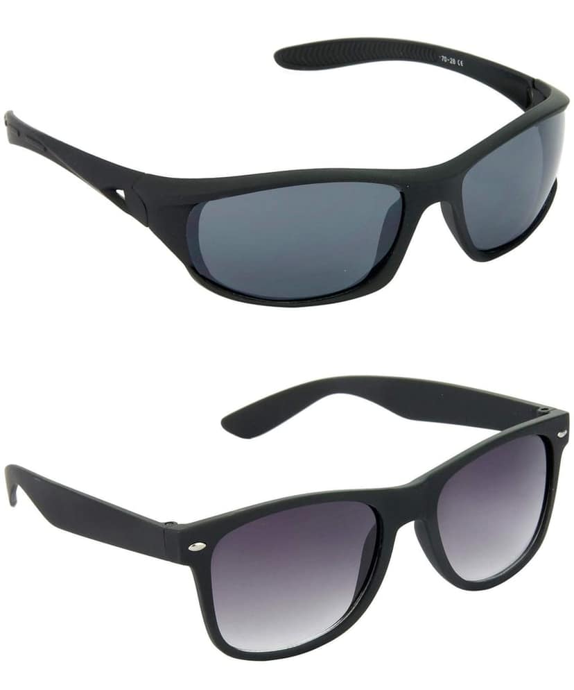 HRINKAR Men Sports Sunglasses Black Frame, Grey Lens (Medium) - Pack of 2