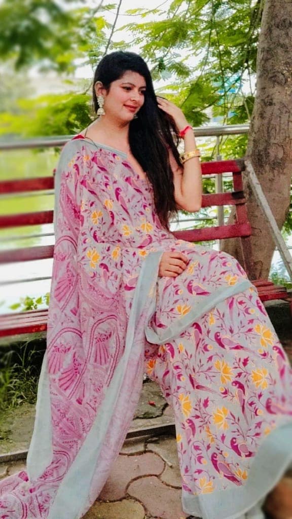 Cotton Linen Saree Off White Color Printed with running blouse-1276 view 3