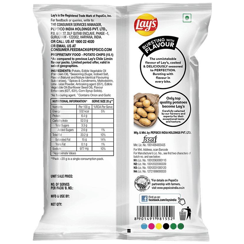 Lay's Potato Chips - Chile Limon Flavour, Crunchy Chips & Snacks, 50G view 2
